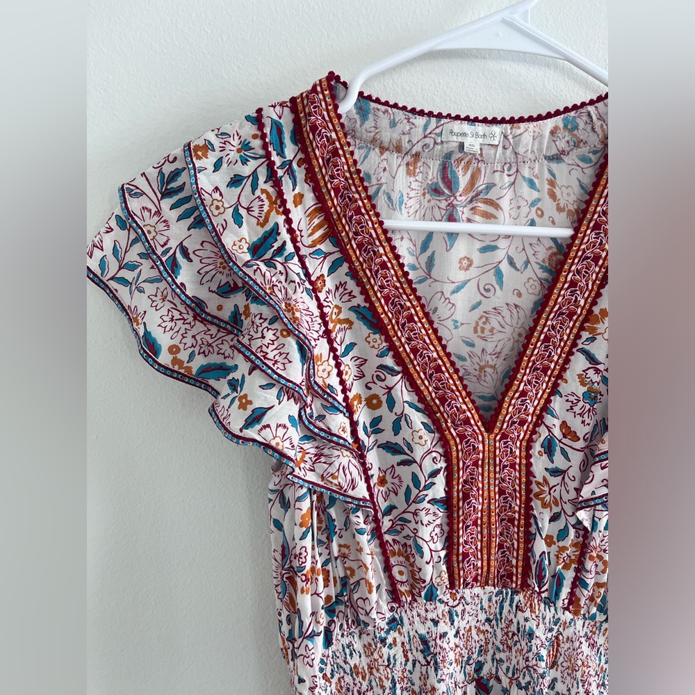 Boho Floral V-Neck Maxi Dress in Ivory and Burgundy